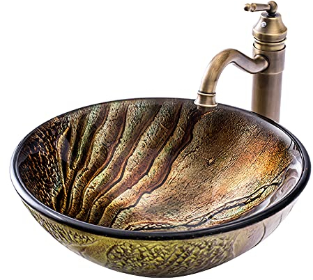 SHUGUANG Gehärtetes Glas Waschbecken, Aufsatzwaschbecken Rund Glas Aufsatz Waschschale Braun Grün Waschschale Waschtisch Set mit Antike Wasserhahn, Montagering, Ablaufwasser Set, 425×425×145mm