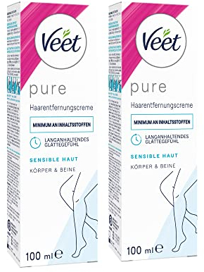 Veet Pure Lot de 2 crèmes dépilatoires pour le corps, les bras et les jambes, crème dépilatoire pour peaux sensibles, minimum d'ingrédients et parfum agréable, 2 x 100 ml