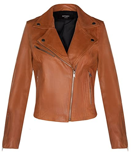 Damer läderjacka klassisk biker-stil äkta läder damjacka, SOLBRÄNNA, XL