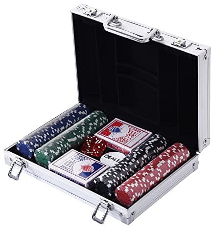 HOMCOM Maletín de Poker Profesional de Aluminio con 200 Fichas Juego Set de Poker Casino con 5 Dados 2 Barajas de Cartas y 1 Ficha de Crupier 29,5x20,5x6,5 cm Multicolor