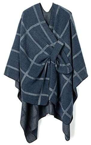 Villand Schal für Damen Poncho-Umhang Cardigan mit offener Vorderseite, Gürtel und Geschenktüte für Herbst und Winter (Blaugrau Plaid)