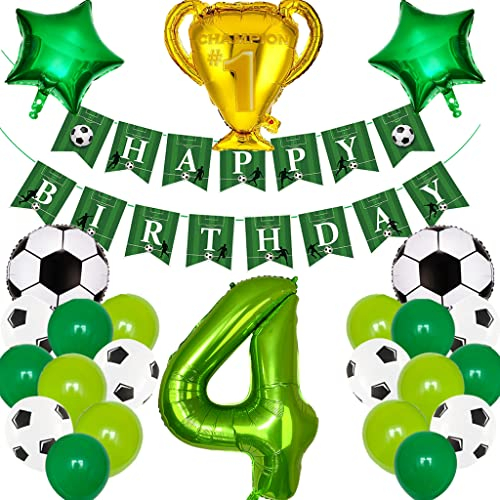 Feelairy Fußball 4. Geburtstag Deko Junge, Fußball Luftballons Geburtstagsdeko 4 Jahre Jungen, Helium Ballon Fussball Deko mit Happy Birthday Banner für 4 Jahre Kindergeburtstag Party Deko