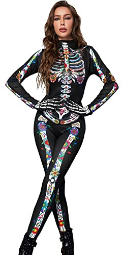 Joy Bang 3D Skelett Kostüm Damen Halloween Sexy Totenkopf Onesie Bodysuit mit Handschuhen Dia de los Muertos Jumpsuit