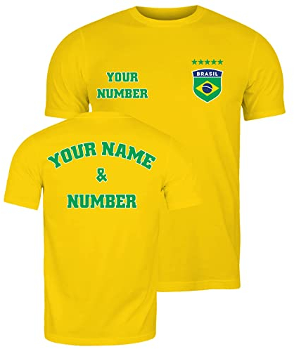 lepni.me Maglietta da Uomo Brasile Calcio con Tuo Nome e Numero | Distintivo Bandiera Brasiliana Maglia Personalizzata | Tifosi Coppa del Mondo 2022 (M Giallo Multicolore)