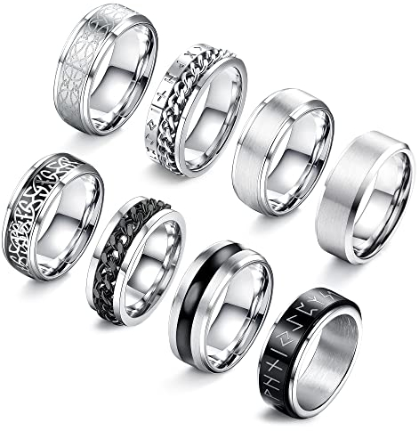 LOLIAS 8 Stück Edelstahl Herren Ringe Matt Finish Poliert Band Spinner Ringe Kette Herren Ring Fidget Anxiety Vintage Herren Ringe Set Größe 54-70