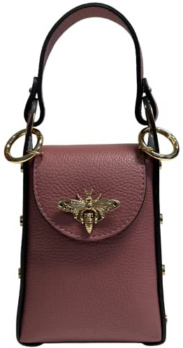 Modarno Mini-Tasche aus echtem Leder Dollar mit Karabinerverschluss in Bienenform, seitliche Nieten, abnehmbare Metallkette, Ledergriff, Rosa Invernale