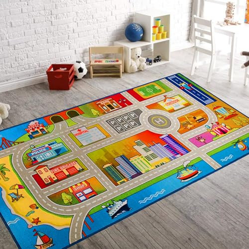Booooom Jackson Kinder Spielstadt Teppich 150X200cm Spielmatte zum Fahren von Spielzeugautos auf Vorschulteppich Kinder Pädagogik Spielzimmer Teppich mit Rutschfester Unterseite