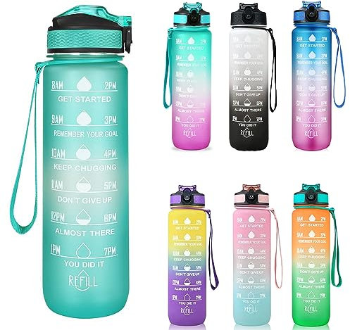 Borraccia 1L, Materiale Tritan Senza Bpa Borraccia Sportiva Grande Con Cannuccia E Timestamp, Per Palestra, Yoga, Corsa, Campeggio (Vert)