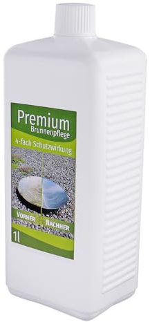 Premium Springbrunnenzusatz 1 Liter gegen Algen, Kalk, glitschige Ablagerungen und schleimiges Wasser, Schaumfrei, Biologisch abbaubar, Gartenbrunnen Zimmerbrunnen klar Wasserzusatz