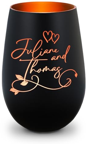 GRAVURZEILE Deko Windlicht aus Glas mit Gravur - Floral Design - Personalisiert mit Namen - Geschenke für Frauen - Personalisierte Geschenke zur Hochzeit Verlobung für Sie & Ihn - Schwarz/Bronze