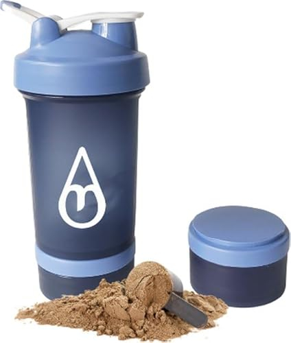 Motivai® Shakebecher mit Pulverfach – Shaker – 3-teiliger Shaker – 600 ml – Shakes zubereiten – Nahrungsergänzungsmittel – Fächer für Proteine, Pre-Workout und Pillen – mit Shakeball (Blau)