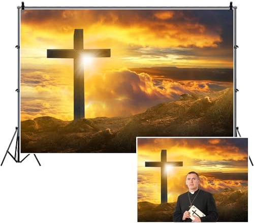 SDOTPMT 5x3ft Jesus Christ Cross Sunrise Polyester Backdrop Mountain Top Sunset Glow Sky Photography Background Holy Light Jesus Resurrection Christian Church Wallpaper Decor Props