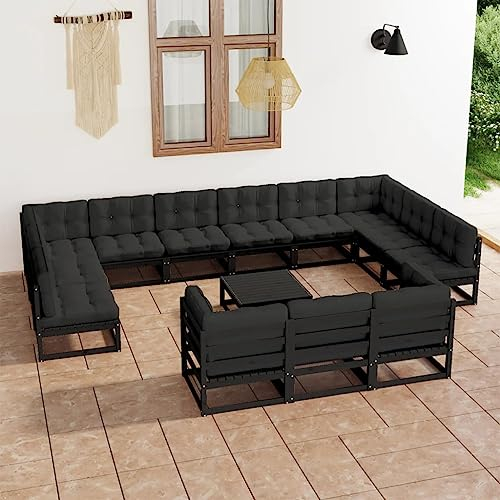 MNISDFL Gartenlounge Biertischgarnitur Terrassenmöbel 14-TLG. Garten-Lounge-Set mit Kissen Schwarz Kiefer Massivholz