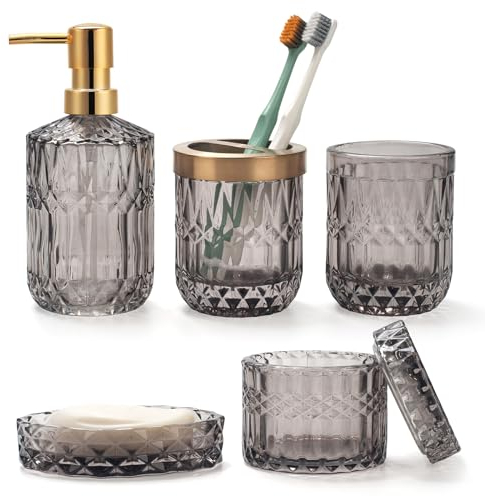 5PCS Grey Glass Bathroom Accessories Sets of Lotion Dispenser, Soap Dish, Toothbrush Holder, Tumbler, Cotton Swab Jars, Modern Bath Decor, Vintage Gift