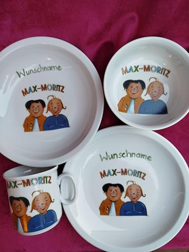 personalisiertes Porzellan-Kinder-Geschirr 4teilig (Dekor Max und Moritz) mit Wunschname. Wunschname an: info@porzellanschoenknecht.de senden.