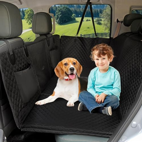 Qlfyuu Back Seat Extender for Dogs, Hard Bottom Dog Car Seat Cover for Backseat with Mesh Window Storage Bags, Foldable Washable Suitable for Car, SUV, Truck