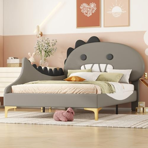 Merax Kinderbett 90x200cm in Cartoon-Dinosaurier-Form, Grau, Flachbett aus PU und MDF - Robustes und Fantasievolles Design für Kinderzimmer