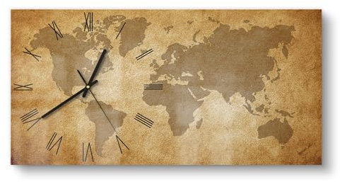 DEQORI Glasuhr | vertikal 60x30 cm | Motiv Globale Pergamentkunst | große XXL Design Uhr aus Glas | leise Wanduhr für Wohnzimmer & Küche | Moderne Hingucker Uhr für die Wand