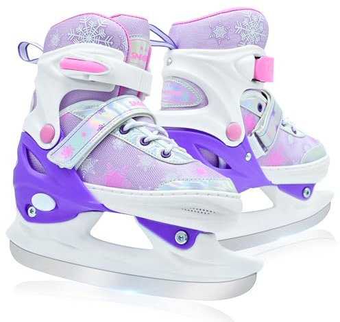 SMOOJOY Adjustable Kids Ice Skates for Girls Boys Comfortable Smooth Blades Purple Snow Hockey Ice Skates for Outdoor Indoor Ice Rink, Perfect for Beginners, Winter Sports, Age 8-12