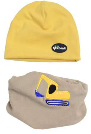 HEOXIN Baby Kinder Mütze Schal Set, Niedlich Beanie Mütze Hüte und Loop Schals, Babymütze und Schal mit Bagger, Herbst Winter Mütze Schal Set für 6-12 Monate Baby Mädchen Junge Unisex, Gelb M
