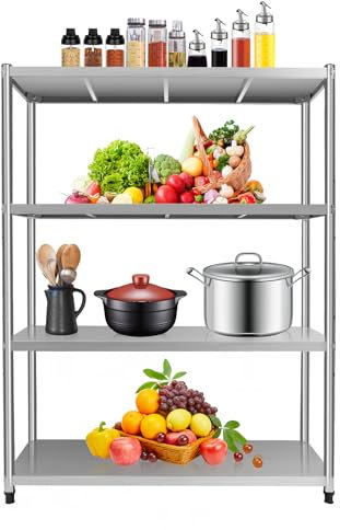 ACROSSPART Edelstahl Regal Edelstahlregal Gastro Schwerlastregal Edelstahl Küchenregal Regal für Waren 4 Böden Edelstahlregal Schwerlastregal für Küche Restaurant Geschäft (Max 50 kg)