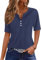 WNEEDU Women Summer T Shirts V Neck Button Ladies Tops Short Sleeve Blouses Tunic Tops Casual Henley Shirts Navy Blue L