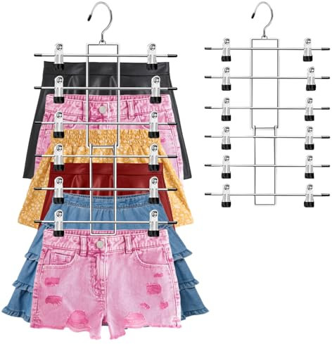 Bosmsaslad 2 Pcs Grucce Pantaloni Salvaspazio, Grucce in Metallo Pinze, Clip Antiscivolo Regolabili 360 Gradi, Multiple Appendini Pantaloni, Organizer Armadio con 6 Livelli per Gonne, Jeans, Reggiseni