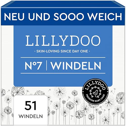 LILLYDOO hautfreundliche Baby Windeln - Größe 7 (15+ kg),Halbmonatsbox (51 Stück), Sicherer Auslaufschutz, Weich, Parfümfrei, Ohne Lotionen & Farbstoffe für empfindliche Haut, Dermatologisch getestet