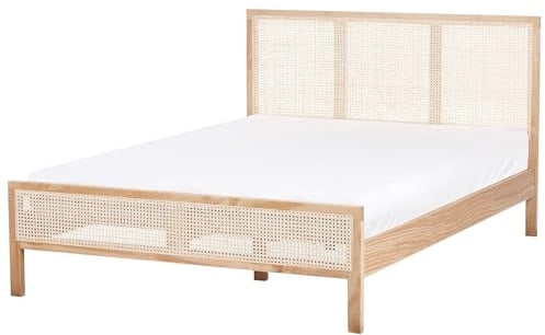 Beliani Bett Kiefernholz Hellbraun mit Wiener Geflecht Kopfteil 140 x 200 cm Salernas