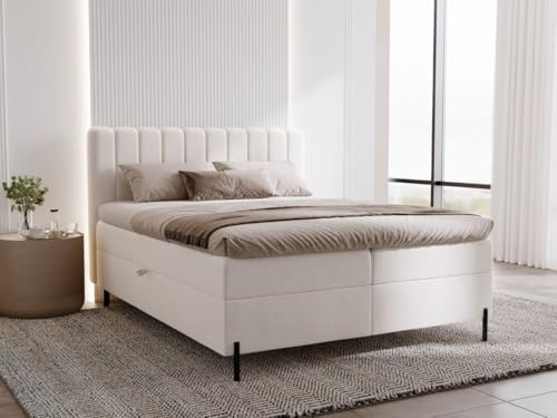 GRAINGOLD Primavera Bett 160x200, Boxspringbett mit Bettkasten, Polsterbett mit Bonell-Matratze, Samt Stoff, mit Topper, mit Kopfteil (Creme, 160x200)