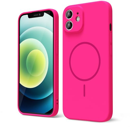 oakxco for iPhone 12 Case Silicone Mag Safe, Magnetic Slim Thin Phone Case Compatible with Magsafe, Women Girls Cute Girly Bright Fluorescent Rubber Gel Safecase with Camera Cover, Neon Hot Pink
