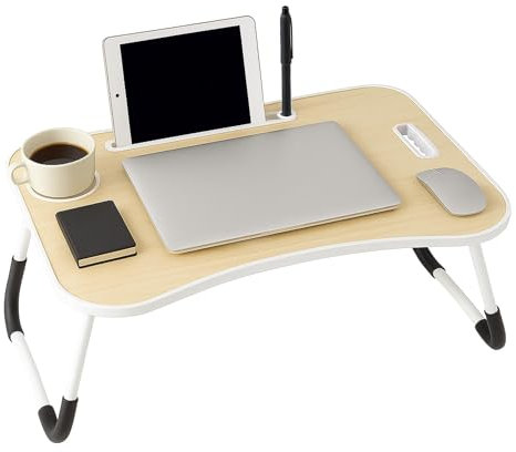iTrend Laptop Bed Table, Laptop Desk with Foldable Legs & Cup Slot, Portable Tablet Notebook Stand Breakfast Bed Tray with Curved Design Charging Slot & Handle for Sofa, Bed, Terrace, Balcony, Maple
