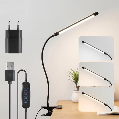 LQWELL Abrazadera para lámpara de escritorio, lámpara de lectura, cuello de cisne, 3 cambios de color y 10 niveles de brillo, negra, con cable de alimentación USB y 1 enchufe