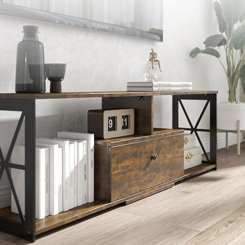Industrial TV Stand Cabinet with Storage for 55 60 Inch TV, Wooden Media Console Entertainment Center for Living Room or Bedroom, Modern TV Unit with Open Shelves, Rustic Brown