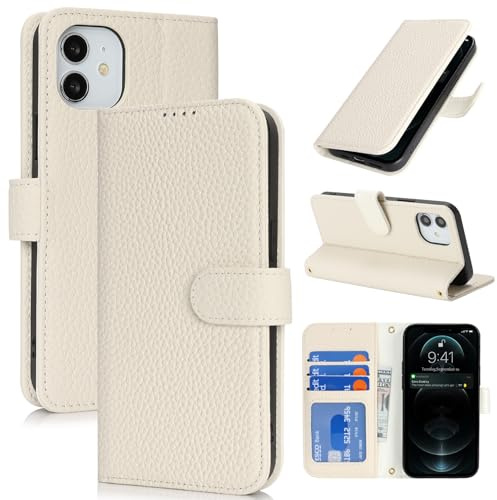 Zouzt Leather Wallet Case for iPhone 12 Mini, 4 Card Slot, Milky White | Genuine Leather, Card Holder, Shockproof TPU Shell, Magnetic Closure, Protective Flip Folio Phone Cover, For Women Men