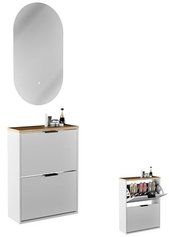 Planetmöbel Schuhschrank schmal, ovaler Spiegel mit Beleuchtung | (2 Lichtstufen), Schuhkommode mit 2 Klappen Schuhregal mit 4 Ablagen, Garderobe Set, 60 x 23 x 80,5 cm, weiß grau