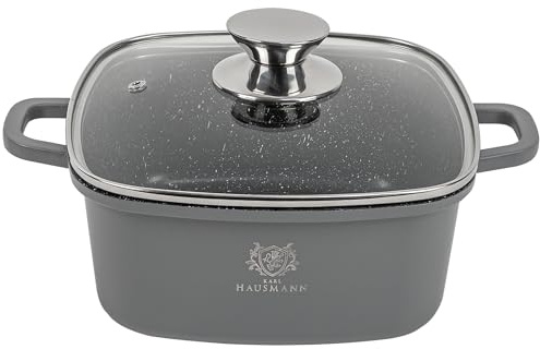 KARL HAUSMANN Schmortopf 20 cm 2.3 L mit Deckel, Aluguss Topf Induktion | PFLUON COOKMARK MARBLE antihaftbeschichteter Aluminiumtopf mit Deckel, Induktion und Backofen bis 220°C