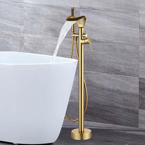Robinet a Poser avec Douchette pour Baignoire Robinet Cascade Salle Bain Monotrou Mitigeur Baignoire Ilot Sur Pied,Or Brossé