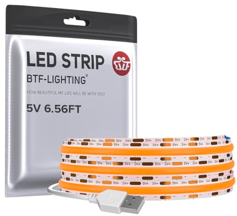 BTF-LIGHTING USB FCOB COB Orange LED Streifen Hochdicht 2M 640 LEDs 5V | Flexibel LED Leiste,Ultrahell CRI90+,für Wohnzimmer TV, Schrank, Küche, DIY Deko(Ohne Dimmer)