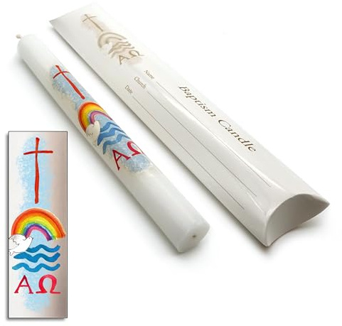 9 Watercolour Baptismal Candle - Cross & Rainbow Over Water
