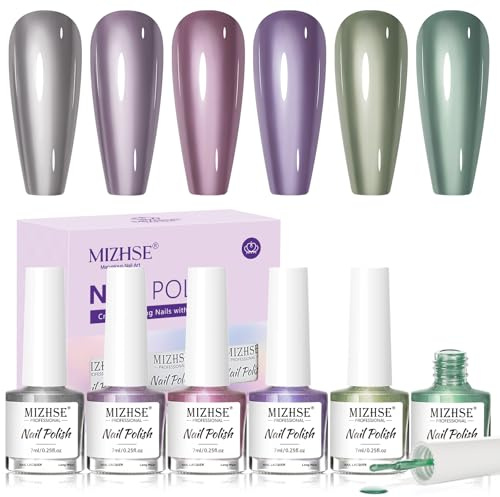 MIZHSE Metallic Nagellack Set Ohne UV 6 Farben Nail Polish Schnelltrocknend | Mirror Chrome Effect, Spiegel Nagellack, Nageldesign, Metallic Nail Polish, 7ml x 6
