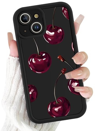 Coalbooliy Handyhülle für iPhone 15 hülle 6,1”, Aesthetic Kirsche Muster Design Schwarz Matte Cute Mädchen Frauen Schutzhülle Ultra Weich Silikon Dünn TPU Case Stoßfest Kameraschutz Bumper Cover, 02