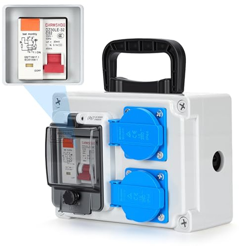 Répartiteur de courant de chantier 16 A IP67 avec 2 prises Schuko et interrupteur FI 30 mA, 230 V - Pour chantier extérieur, jardin, distributeur mural étanche avec disjoncteur de câble
