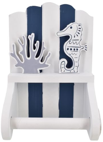 Nautical Toilet Roll Holder | 21cm Blue & White Wooden Wall Mounted Coastal Bathroom Loo Roll Holder with Seahorse & Coral Design