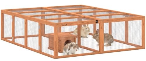 PawHut Freilaufgehege Kaninchenstall mit 2 Türen 180,4 x 150 x 48 cm Orange | Aus Holz, Hasenstall mit Unterschlupfhaus, Für 2-4 Zwergkaninchen Zwergmeerschweinchen Enten