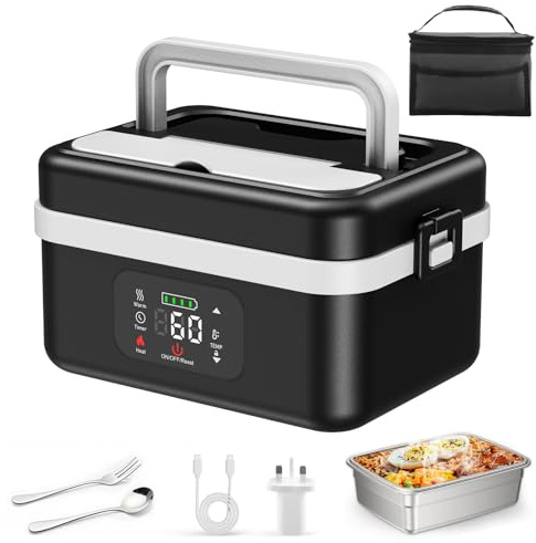 Reomdara Cordless Electric Lunch Box, 16000mAh Rechargeable Heated Food Heater Box, 1L Portable Self-Heating Food Warmer with Insulated Lunch Bag Spoon and Fork for Car Truck Office Home