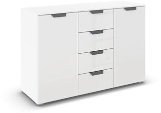 Rauch Möbel ADITIO, Kommode, Farbe Glas Weiß, Breite 120 cm | Sideboard im modernen Look, 2-türig, 4 Schubladen, Glasfront, Soft-Close, für Schlafzimmer, Gästezimmer, Wohnzimmer, Flur
