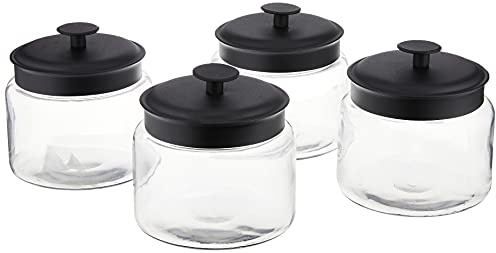 Anchor Hocking Montana Glass Jars with Fresh Sealed Lids, Black Metal, 48 oz (Set of 4)