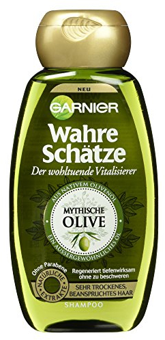 GARNIER Wahre Schätze Shampoo / Intensive Haarpflege bis in die Spitzen / Wohltuend und Vitalisierend (aus nativem Olivenöl - für sehr trockenes, beanspruchtes Haar - ohne Parabene) 1 x 250ml