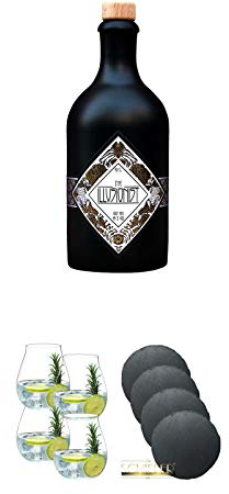 The Illusionist Dry Gin 0,5 Liter + Gin Tonic Glas - 5414/67 4er Set + Schiefer Glasuntersetzer rund 4 x ca. 9,5 cm Durchmesser